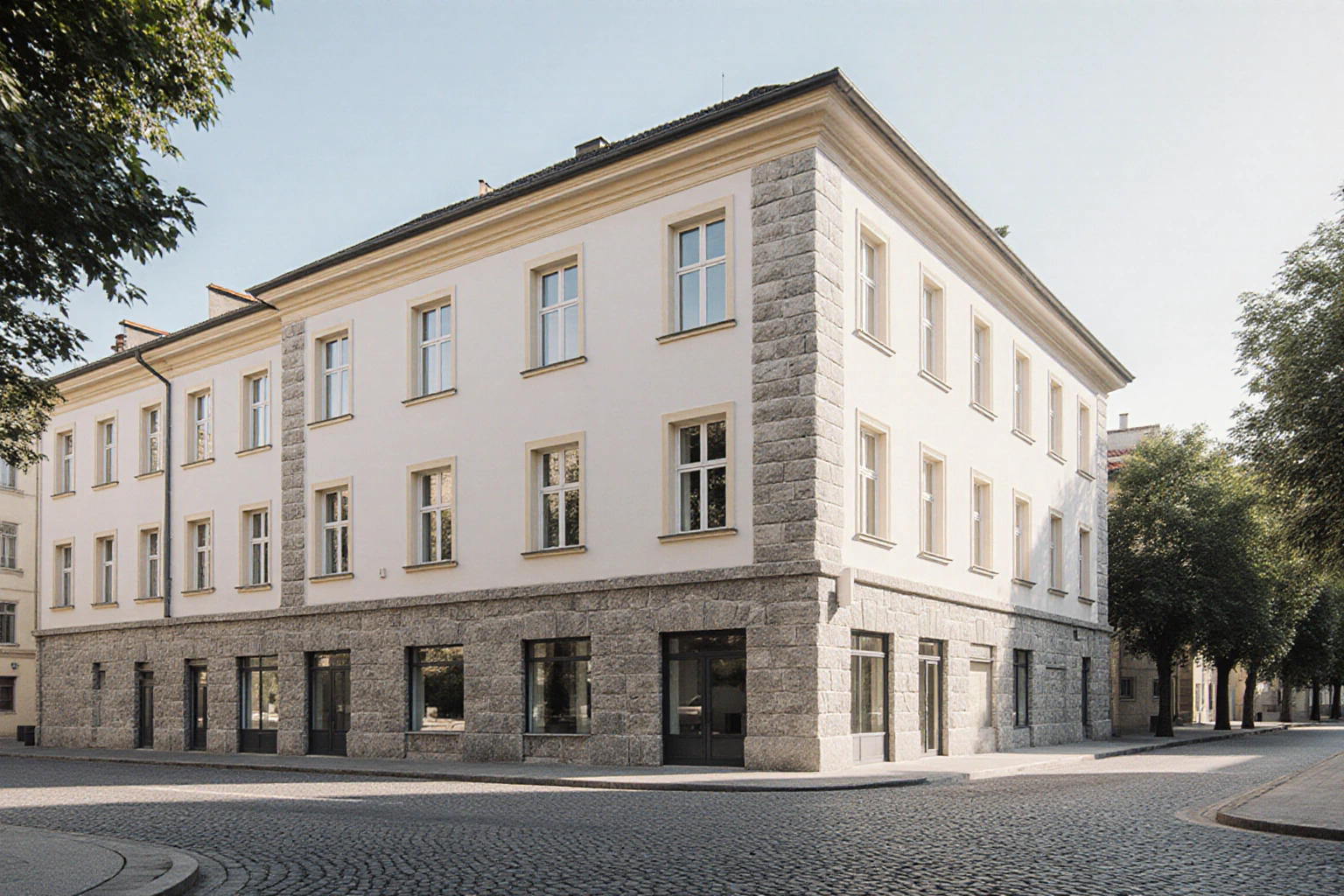 Mehrgeschossiges Eckgebäude mit heller Putzfassade und steinernem Erdgeschoss