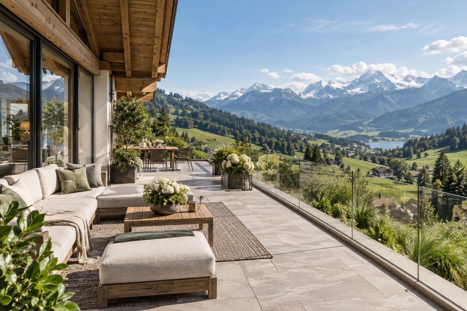 Überdachte Terrasse mit Holzfassade und Blick auf Wiesen und Berge